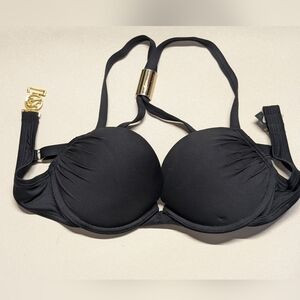 Victoria's Secret Black Padded Halter Swim Top with Gold Accent Bombshell 32b